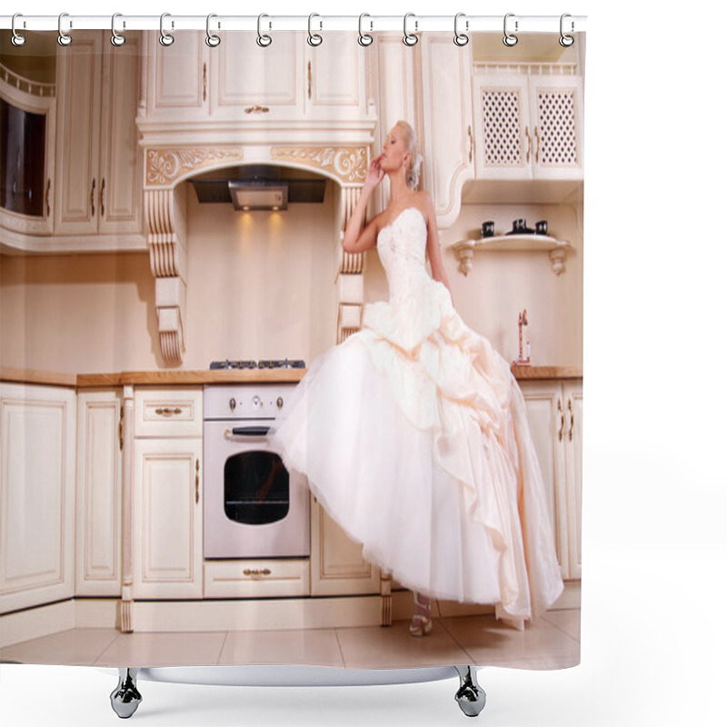 Personality  Beautiful Bride Stands In The Kitchen Shower Curtains