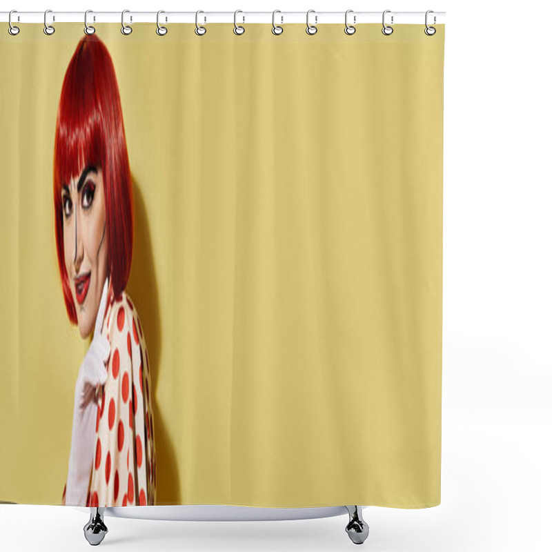 Personality  A Pretty Redhead Woman With Creative Pop Art Makeup Wearing A Polka Dot Dress On A Yellow Background, Inspired By Comics. Shower Curtains