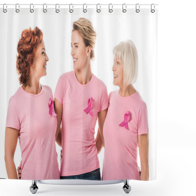 Personality  Women With Pink Ribbons Standing Together And Smiling Each Other Isolated On White, Breast Cancer Awareness Concept Shower Curtains