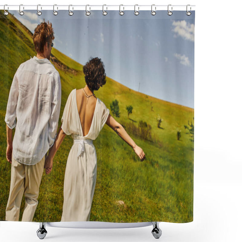 Personality  Rural Wedding, Back View, Bride In Wedding Dress Walking With Groom In Field, Just Married Couple Shower Curtains