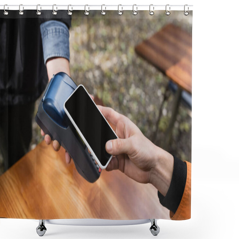 Personality  Cropped View Of Young Man Paying With Smartphone Near Waitress With Payment Terminal In Outdoor Cafe  Shower Curtains