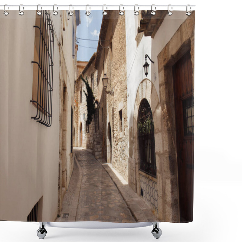 Personality  Street Lanterns And Sunlight On Facades Of Buildings On Urban Street In Catalonia, Spain  Shower Curtains