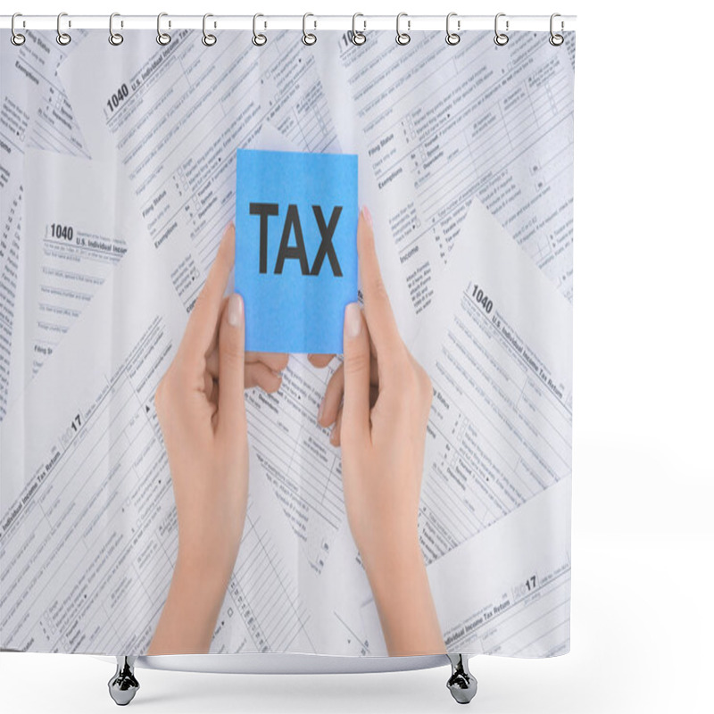 Personality  Cropped View Of Woman Holding Blue Card With Word 'tax' And Documents On Background  Shower Curtains