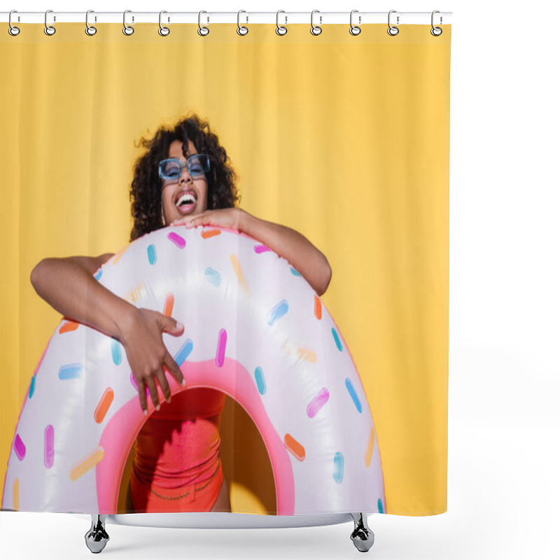 Personality  Excited African American Woman In Trendy Sunglasses Laughing Near Swim Ring On Yellow Background Shower Curtains