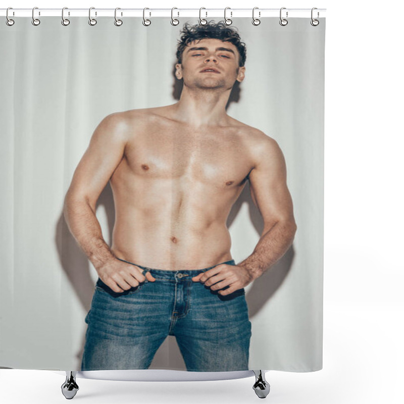 Personality  Handsome Sexy Shirtless Man In Jeans Posing On Grey Shower Curtains