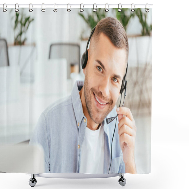 Personality  Selective Focus Of Happy Operator In Brokers Agency Touching Headset And Looking At Camera In Office  Shower Curtains