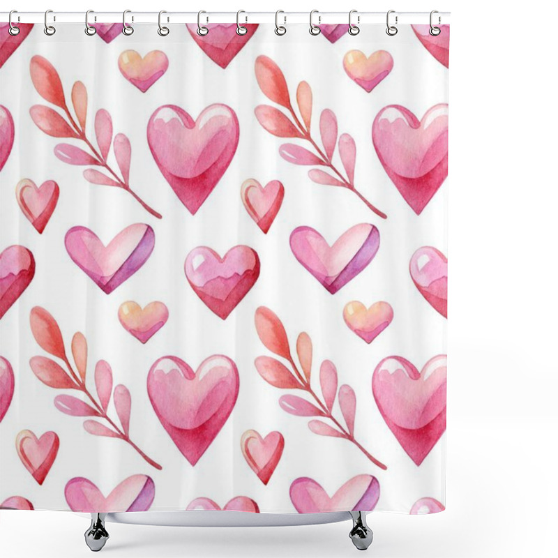 Personality  This Design Showcases A Repeating Pattern Of Hearts In Various Pink Tones, Complemented By Elegant Foliage. Shower Curtains