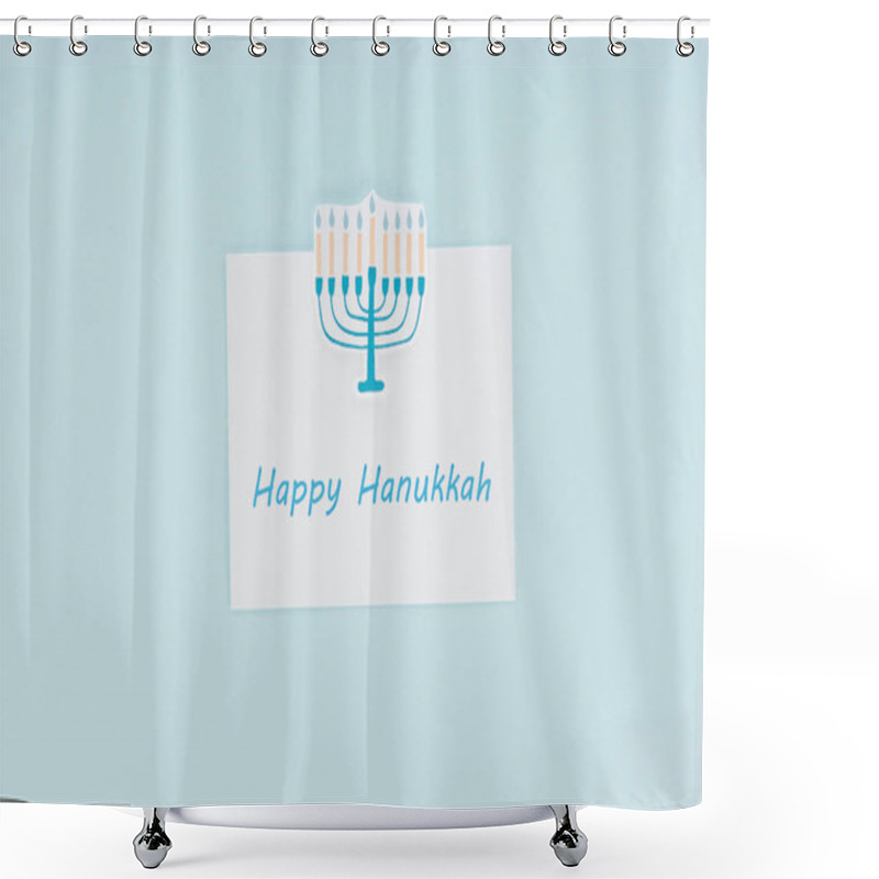 Personality  Top View Of Happy Hannukah Card And Paper Menorah Sign Isolated On Blue, Hannukah Concept Shower Curtains