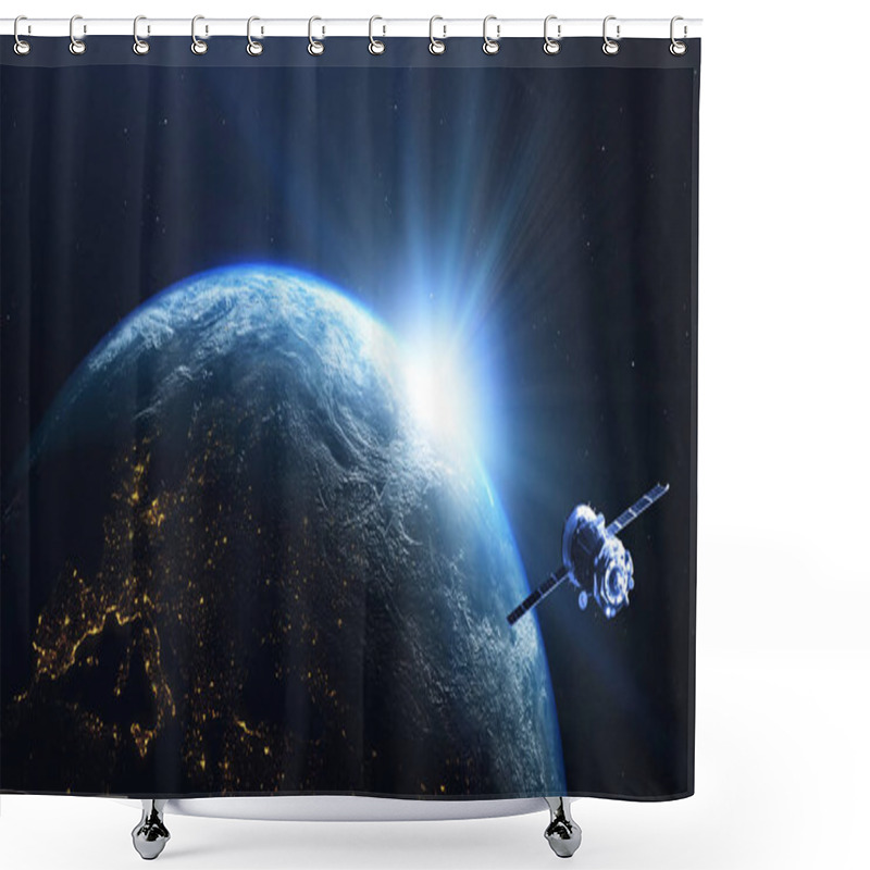 Personality  Earth Planet And Sun Rise With Satellite Viewed From Space , 3d Render Of Planet Earth, Elements Of This Image Provided By NASA Shower Curtains