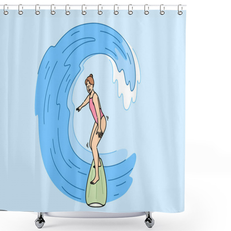 Personality  Woman Surfer Rides Waves On Surfboard, Enjoying Active Summer Holiday At Seaside Resort. Girl Surfer Does Extreme Sports During Vacation, Wanting To Get Adrenaline Rush From Surfing. Shower Curtains