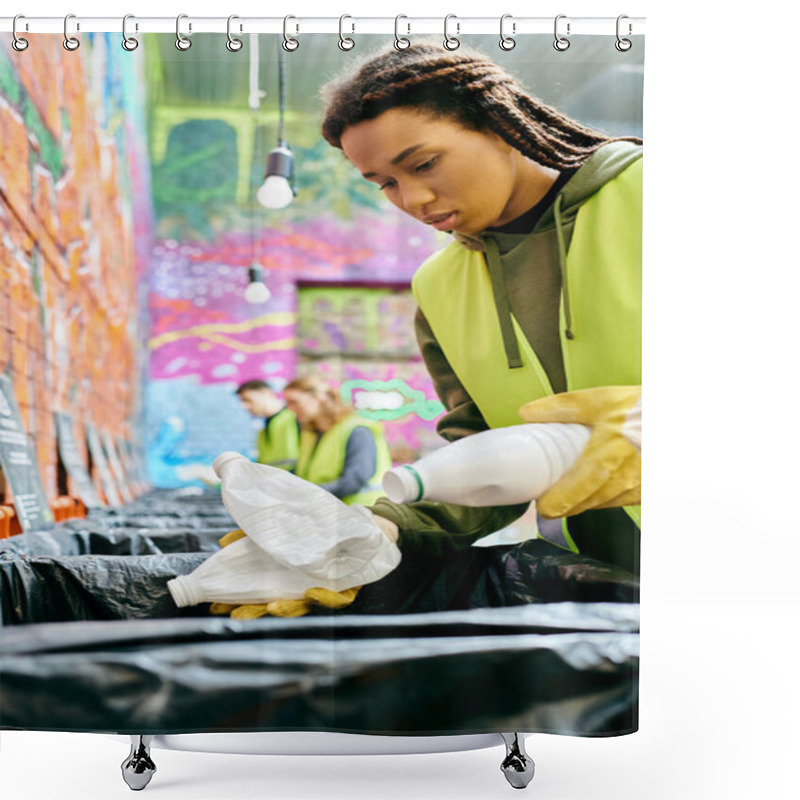 Personality  A Young Volunteer In Gloves Sorts Trash With Other Eco-conscious People In Safety Vests. Shower Curtains