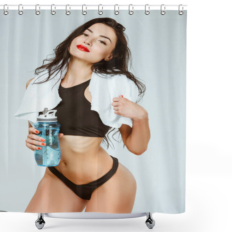 Personality  Sexy Woman In Sport Bra And Panties Posing With Sport Bottle And Towel Isolated On Grey Shower Curtains