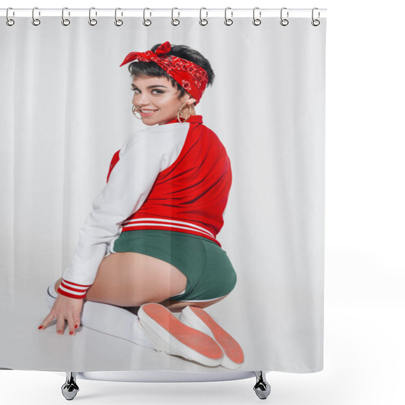 Personality  Sexy Girl In Bomber Jacket Shower Curtains