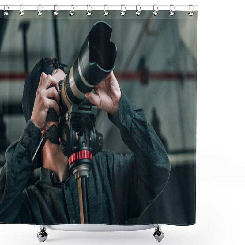 Personality  Low Angle View Of Videographer With Camera On Tripod In Photo Studio Shower Curtains