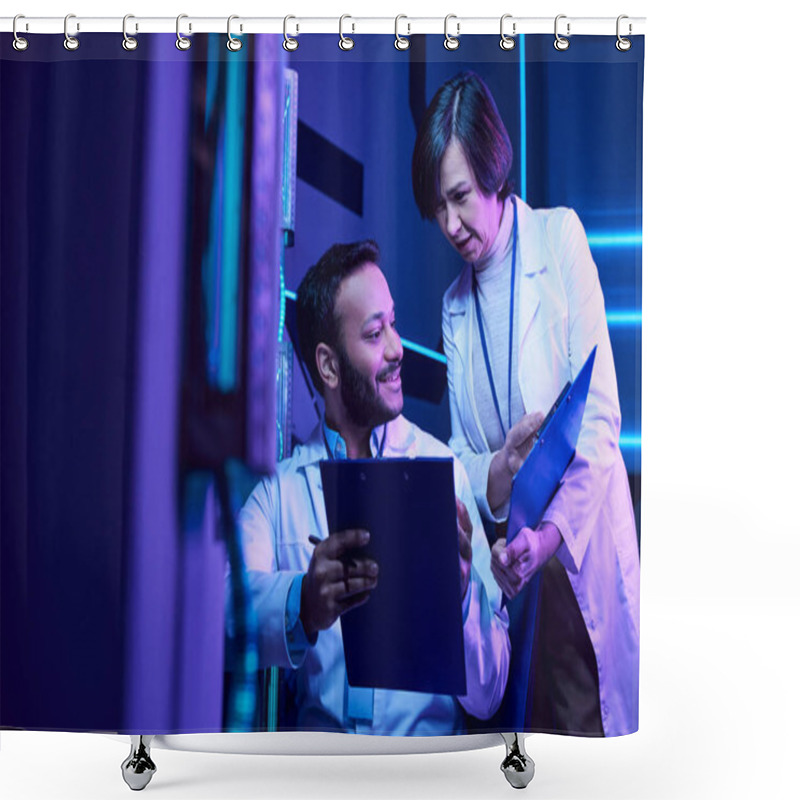 Personality  Futuristic Collaboration: Hindu Male And Adult Female Scientists Analyze Data And Share Smiles Shower Curtains