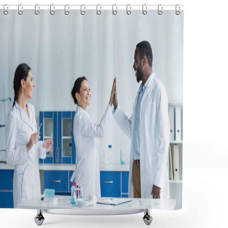 Personality  Smiling African American Scientists Giving High Five Near Colleague With Safety Goggles In Lab  Shower Curtains