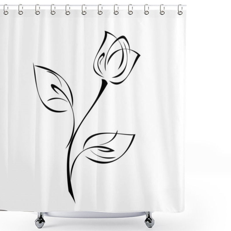 Personality  One Tulip Bud On A Stem With Leaves In Black Lines On White Background Shower Curtains