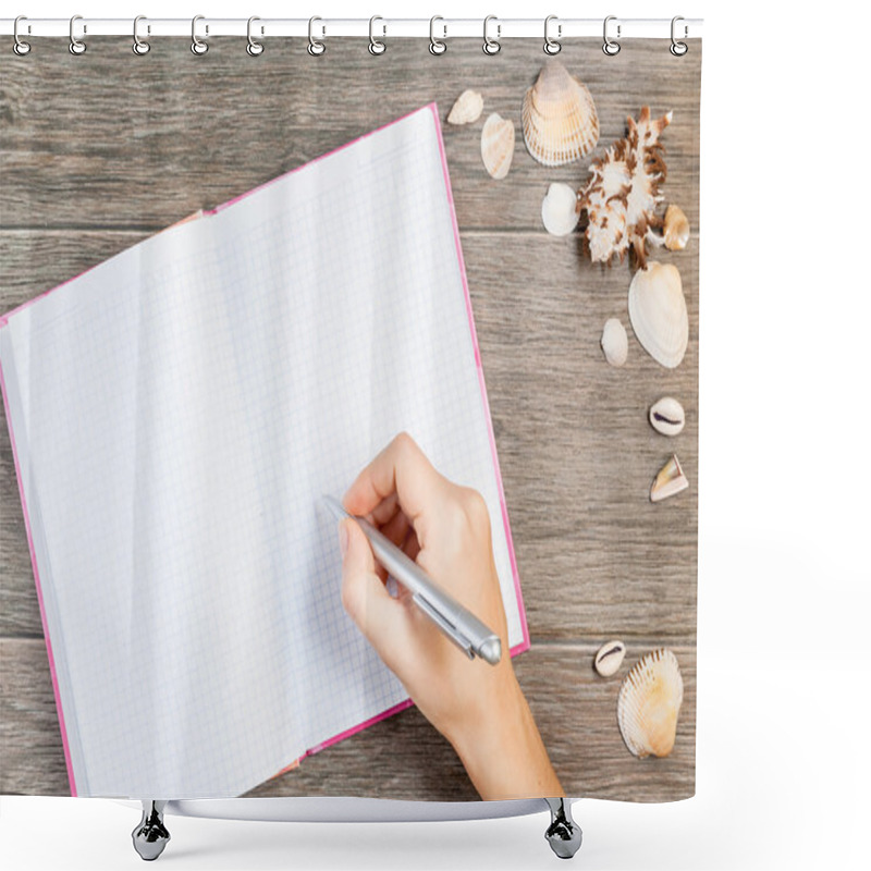 Personality  Hand Writing In Open Notebook With White Pages. Seahells On Wooden Background. Memories Of The Summer. Place For Text. Square Image. Shower Curtains