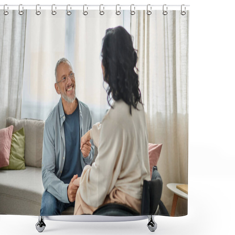 Personality  A Woman In A Wheelchair Engaging In Conversation With A Man, Both Smiling In A Cozy Living Room Setting. Shower Curtains