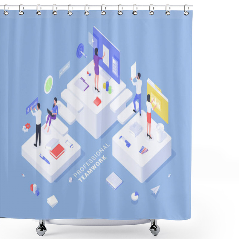 Personality  Three Dimensional Vector Illustration With Contemporary Office People Demonstrating Professional Teamwork While Doing Different Job Tasks Composed On Blue Background Shower Curtains