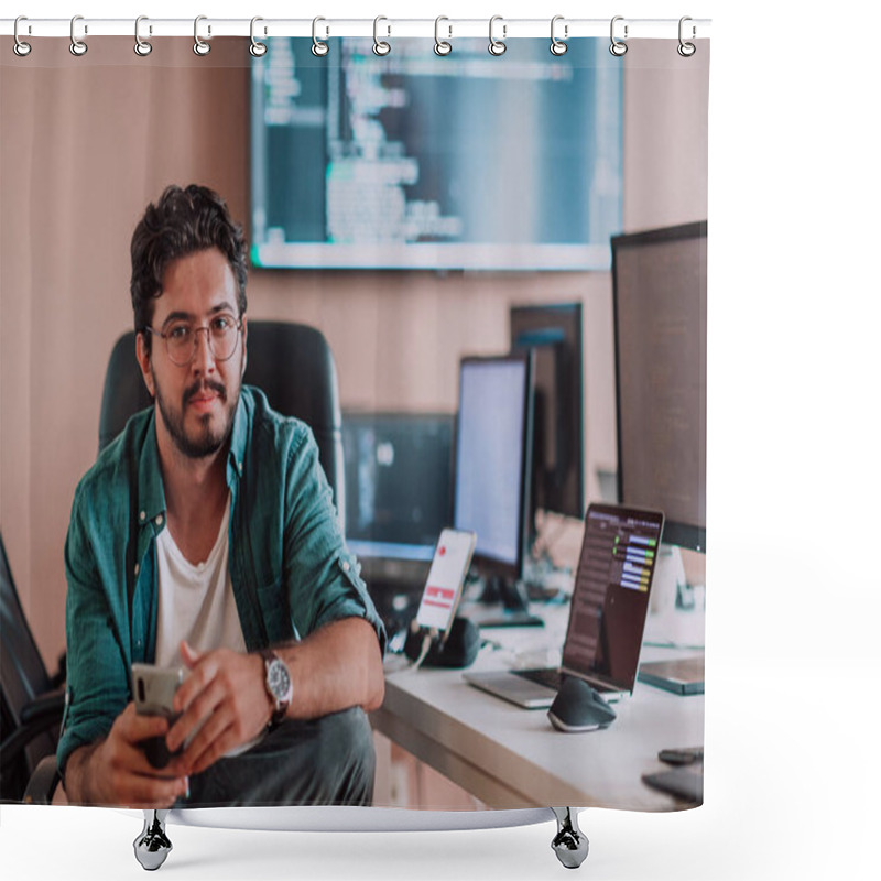 Personality  A Programmer Diligently Testing Smartphone Applications While Sitting In Their Office. High Quality Photo Shower Curtains