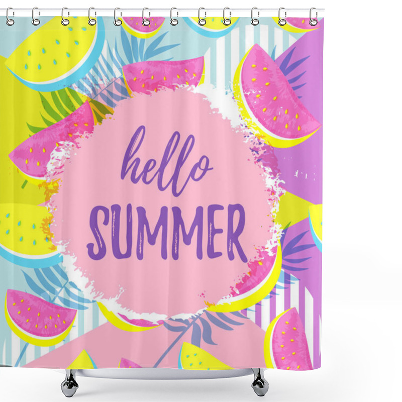 Personality  HELLO SUMMER Greeting Banner. Seamless Watermelon Pattern Isolated On Geometrci Pop Art Background. Shower Curtains