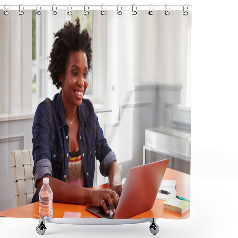 Personality  Young Black Woman Using Laptop  Shower Curtains