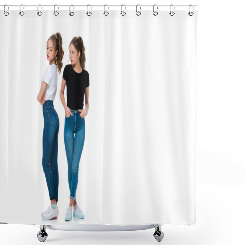 Personality  Irritated Young Twin Looking At Sister Isolated On White Shower Curtains