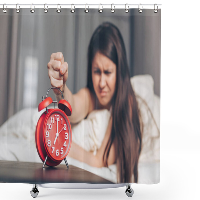 Personality  Angry Young Woman Kill Off Alarm Clock By Fist On The Bed In The Morning. Awakening Of The Sleeping Woman.  Shower Curtains