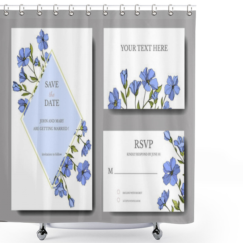 Personality  Vector Flax Botanical Flowers. Blue And Green Engraved Ink Art. Wedding Background Card Floral Decorative Border. Shower Curtains