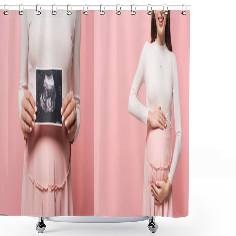 Personality  Cropped View Of Happy Young Pretty Pregnant Woman Touching Belly And Holding Ultrasound Scan Isolated On Pink, Banner Shower Curtains