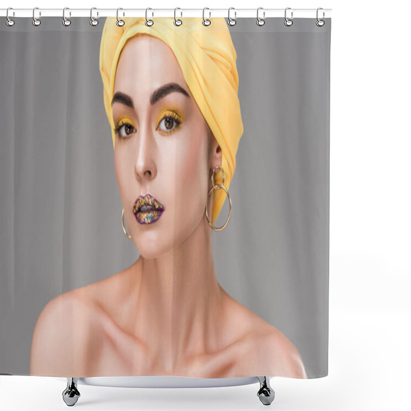 Personality  Beautiful Naked Woman With Stylish Makeup Wearing Yellow Head Wrap And Looking At Camera Isolated On Grey  Shower Curtains