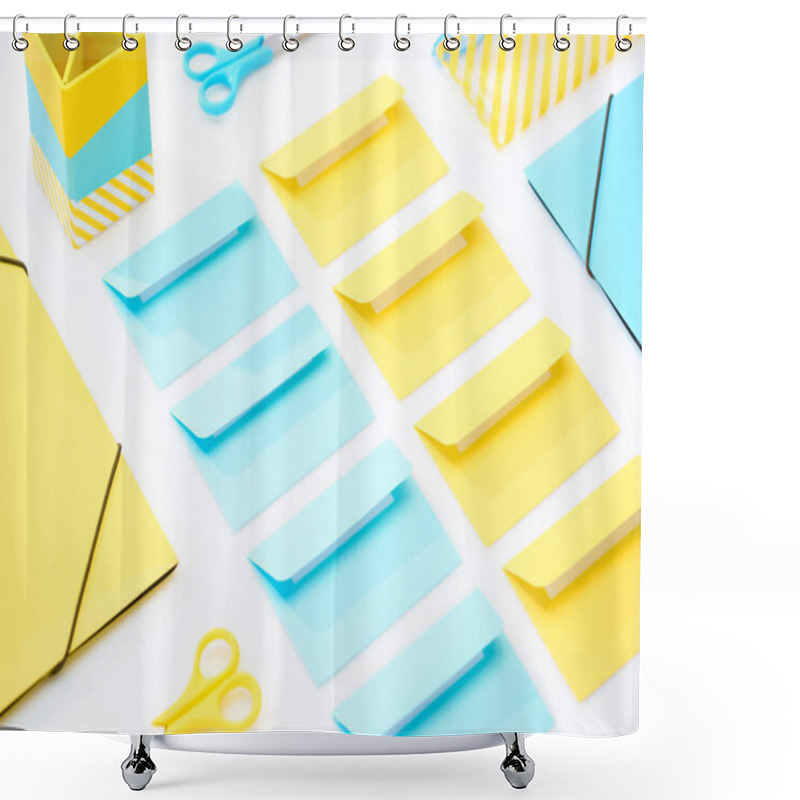 Personality  Flat Lay Of Colourful Envelopes, Scissors, Folders, Pencil Case And Pencil Box On White Background Shower Curtains