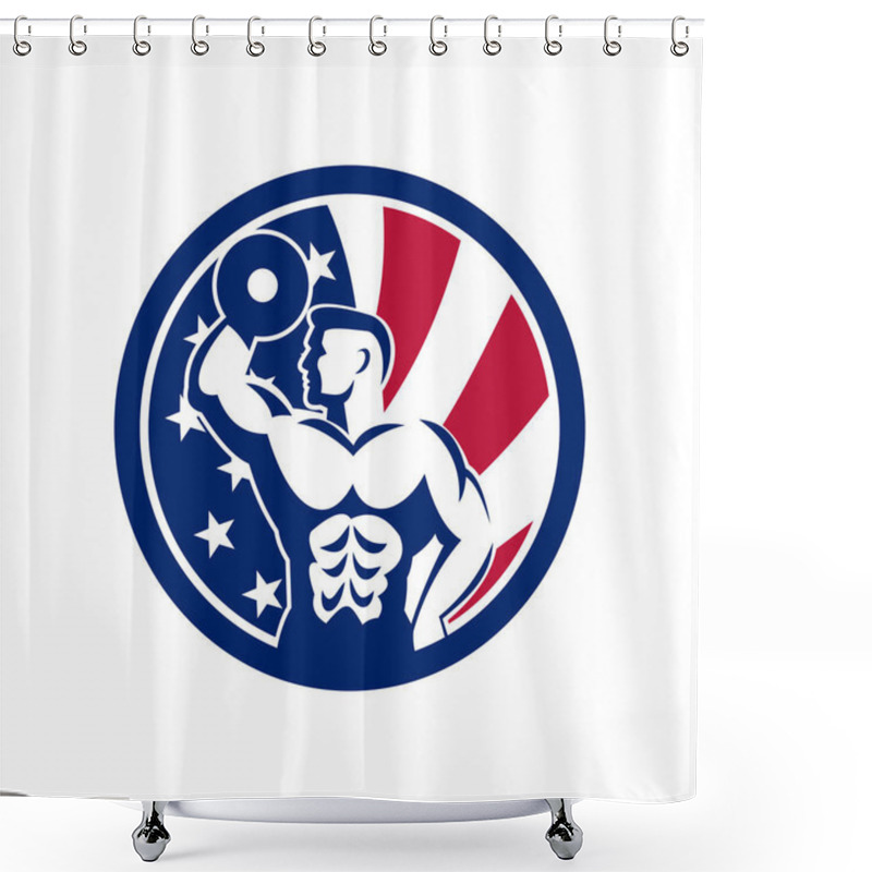 Personality  Icon Retro Style Illustration Of An American  Fitness Gym Showing A Bodybuilder Lifting Dumbbell  With United States Of America USA Star Spangled Banner Or Stars And Stripes Flag Inside Circle. Shower Curtains