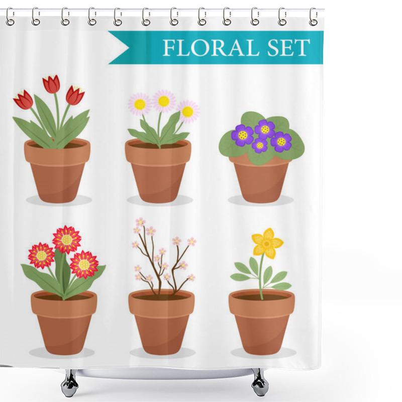 Personality  Flower Pot With Different Flowers Set, Flat Style. Flowerpot Collection Isolated On White Background. Vector Illustration, Clip Art. Shower Curtains