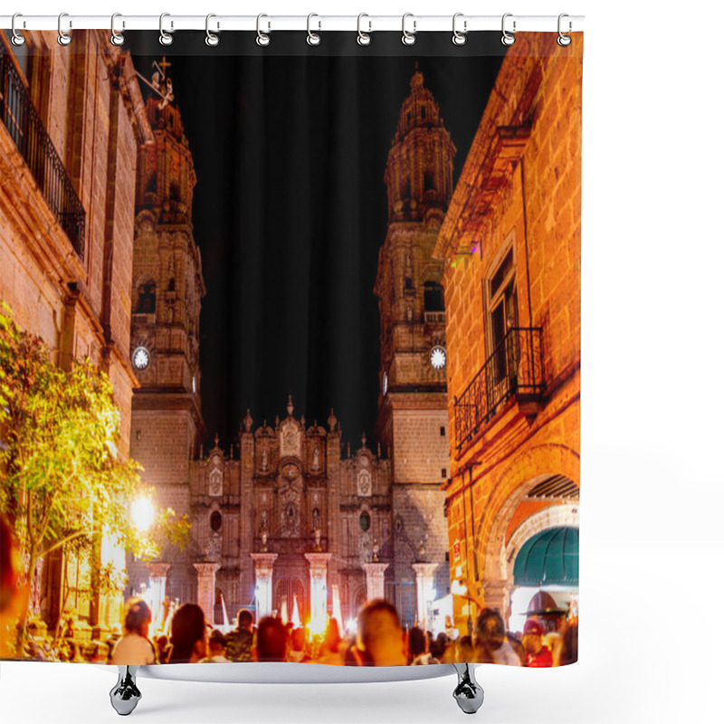 Personality  People Gather Infront Of The Morelia Cathedral At Night, Enjoying The Weekend, In The State Of Michoacan, Mexico Shower Curtains