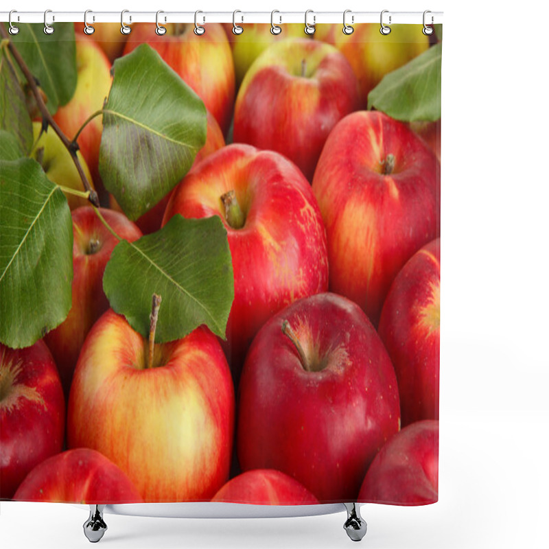 Personality  Juicy Red Apples With Green Leaves, Close Up Shower Curtains