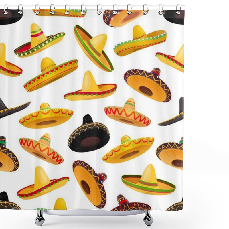 Personality  Sombrero Hats Seamless Pattern. Vector Background Of Mexican Fiesta Party And Cinco De Mayo Holiday With Mariachi Musician Sombrero Hats With Wide Brims, Ball Fringe And Colorful Ethnic Ornaments Shower Curtains