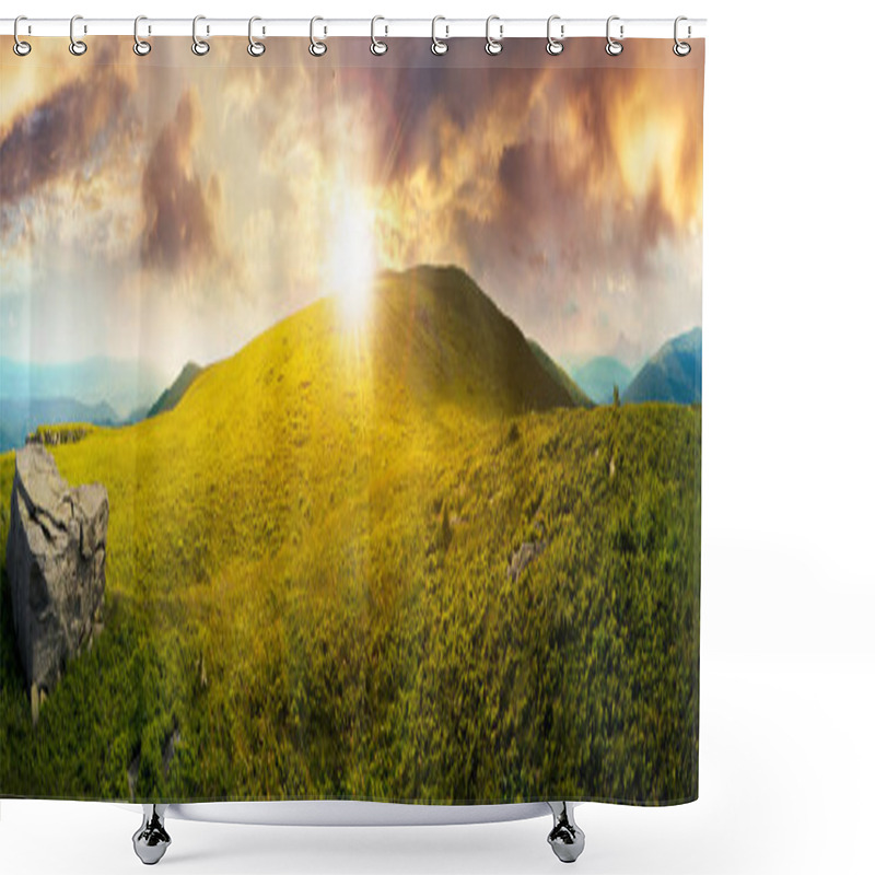 Personality  Panorama With Rock On The Grassy Hill In Mountains. Beautiful Summer Landscape In Evening Light. Amazing Nature Scenery. Dramatic Cloudy Sky At Sunset Shower Curtains