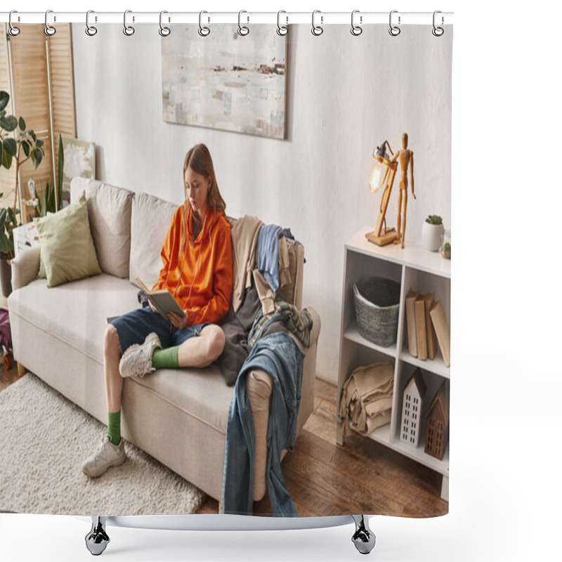 Personality  Teenage Girl Reading Book While Sitting On Messy Sofa Next To Pile Of Clothes In Modern Apartment Shower Curtains