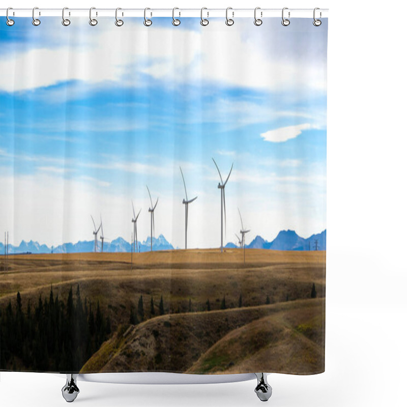 Personality  Wind Turbines Standing Tall Generating Electricity With The Canadian Rocky Mountains At Background Near Pincher Creek Alberta Canada. Shower Curtains