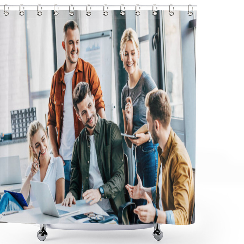 Personality  Group Of Young Entrepreneurs Working With Laptops And Chatting Together At Office Shower Curtains