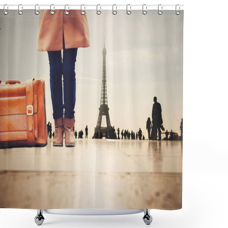 Personality  Female In Coat And Shoes Near Suitcase With Eiffel Tower On Background. Autumn Travel Season  Shower Curtains