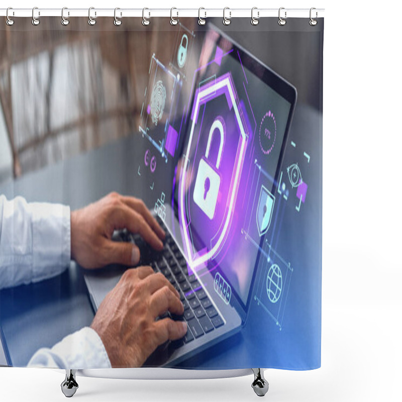 Personality  Hands Of Businessman Using Laptop With Double Exposure Of Futuristic Data Interface With Padlock, Fingerprint And Shield At Office Table. Concept Of Cybersecurity And Biometric Scanning Shower Curtains