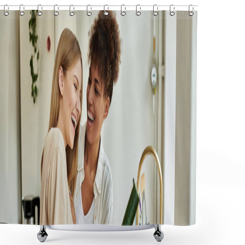 Personality  Two Happy Partners Enjoy Cooking And Sharing Laughter In Their Warm Kitchen. Shower Curtains