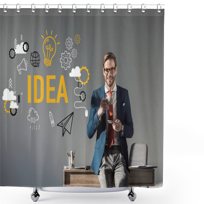 Personality  Smiling Businessman With Cup Of Coffee Sitting On Table And Looking At Camera, Idea Concept Shower Curtains