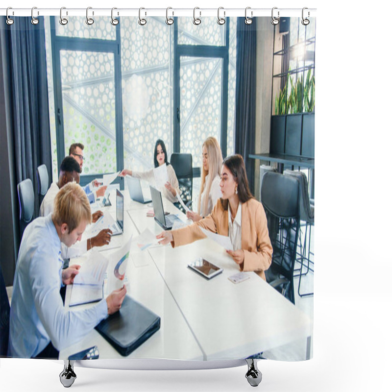 Personality  Mixed Races Coworkers Analysing Different Business Papers And Working With Computers At The Tables In Modern Office. Shower Curtains