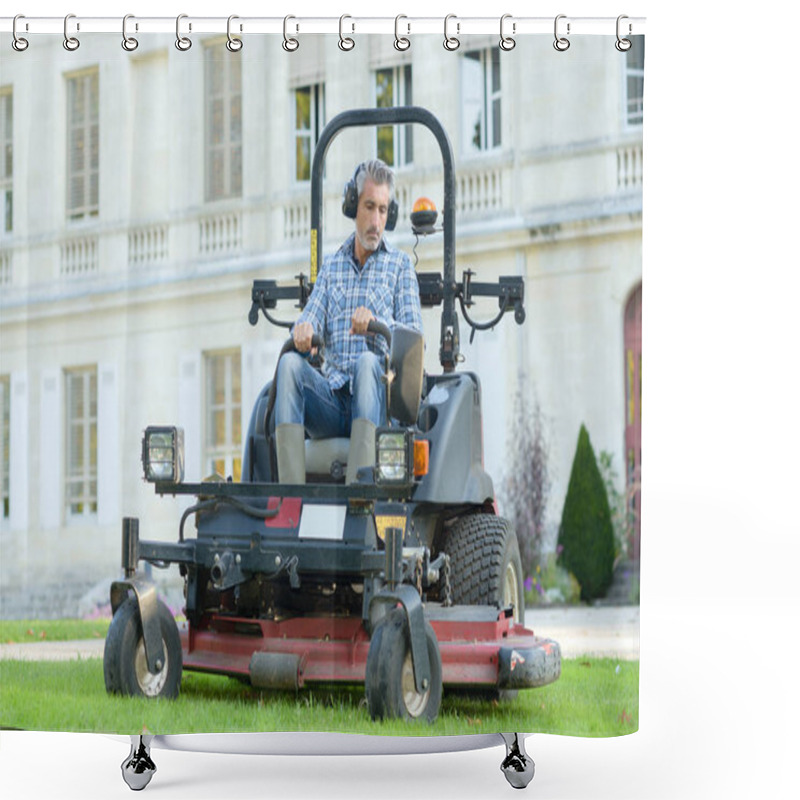 Personality  Man Mowing Lawn At Manor House Shower Curtains