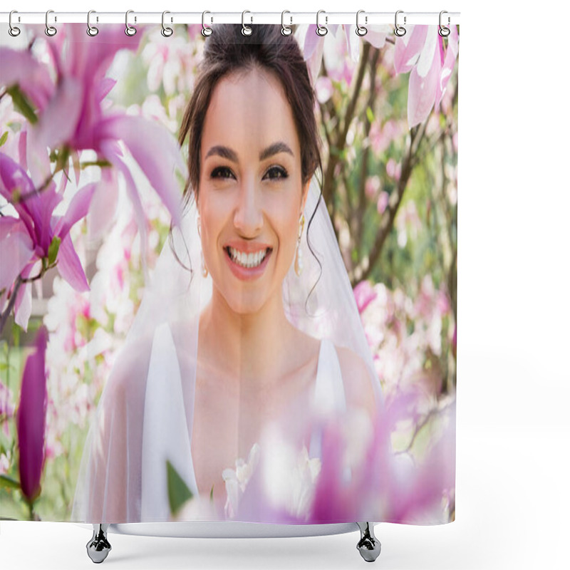 Personality  Happy Bride In Veil Smiling At Camera Near Blooming Magnolia  Shower Curtains