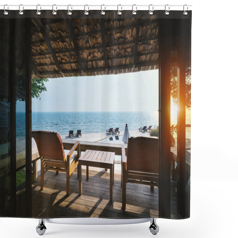 Personality  Two Chairs At The Terrace For Relaxation With Panoramic Sea View During Sunset On Holiday Summer Vacation Shower Curtains